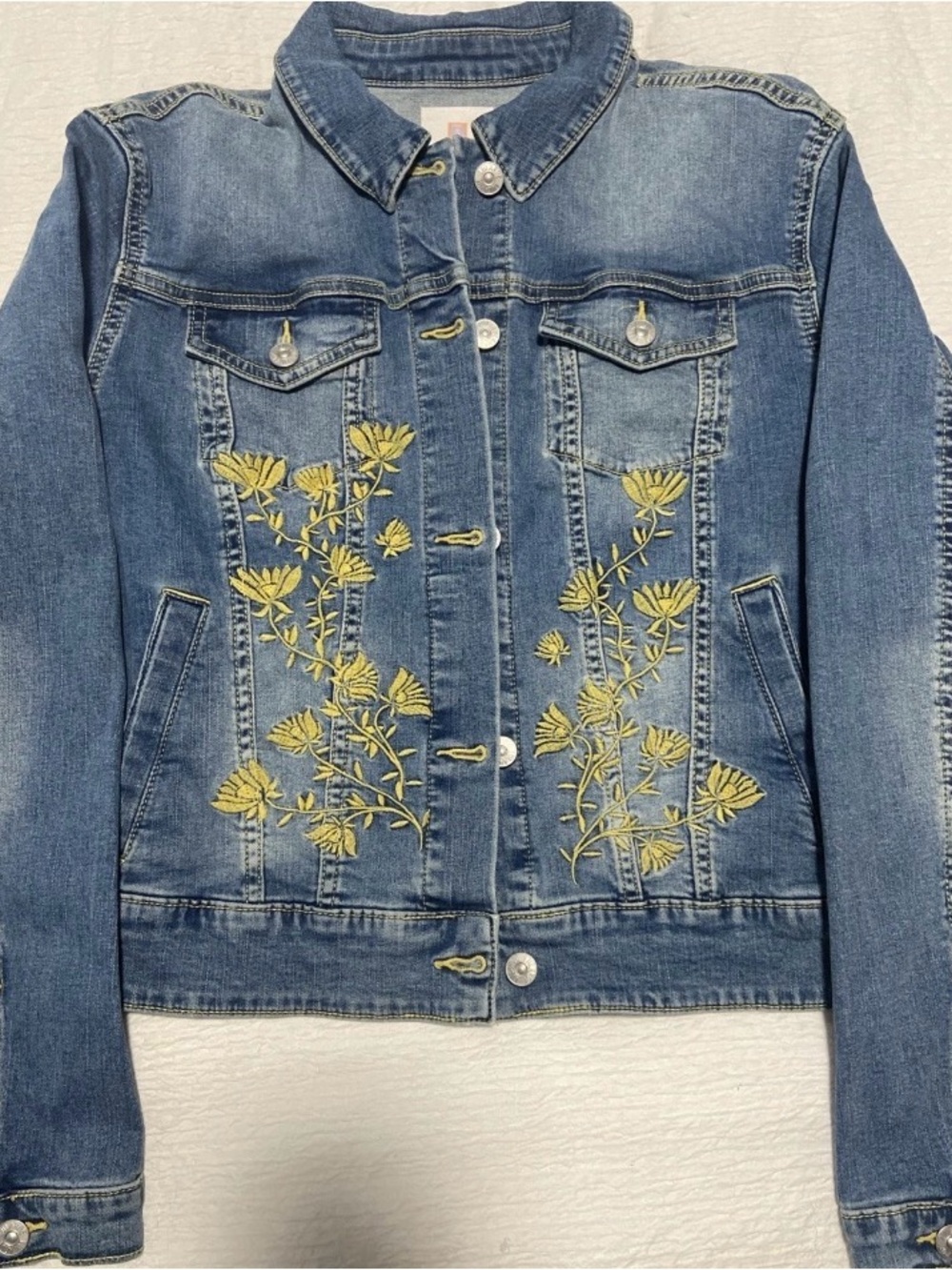 LuLaRoe Blue Denim Jacket with Yellow Floral Embroidery Size L
